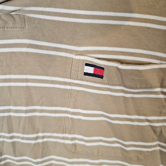 Vintage 90's Tommy Hilfiger Striped Polo Shirt Brown Tan Logo Size Large Y2K - Picture 4 of 4